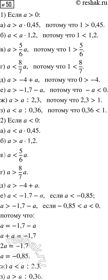 Изображение 50. Сравните с числом а значение выражения, если а:1) положительно;2) отрицательно.а) а · 0,45;   в) 5/6 а;   д) —4 + а;     ж) а : 2,3;б) а · 1,2;    г) 8/7 а; ...